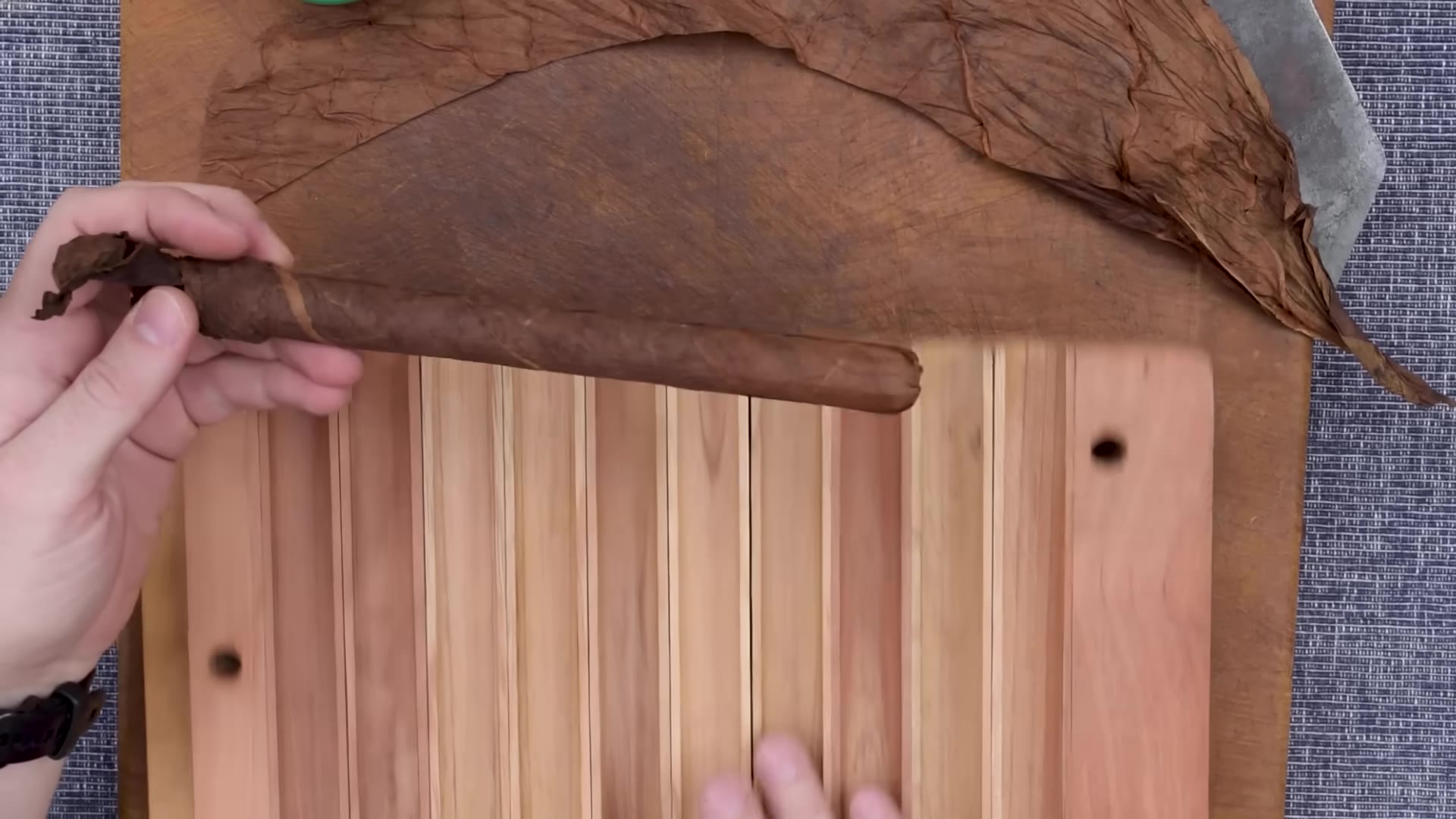 A cigar being wrapped, the maduro wrapper leaf spiralling around the bunch, a large wrapper leaf on the board